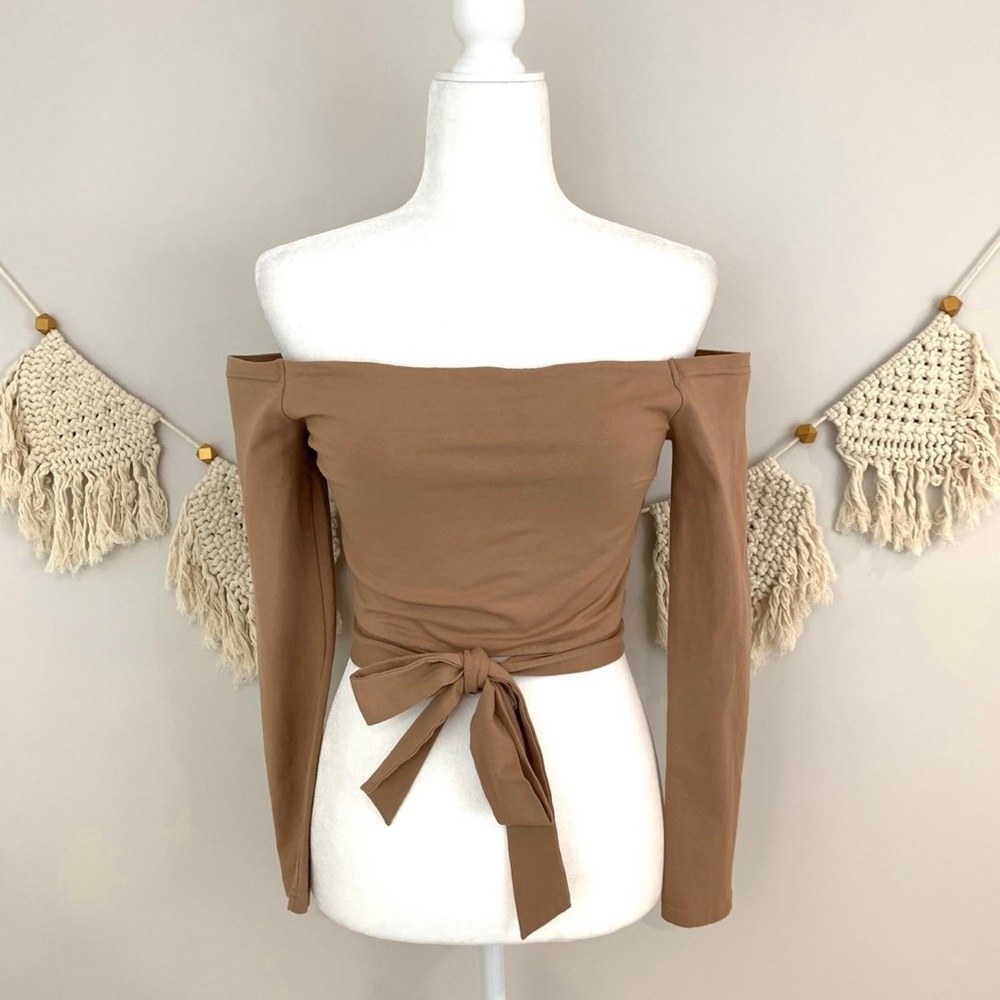 Luvalot Off The Shoulder Tie Waist Tan Crop Top